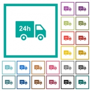 24 hour delivery truck flat color icons with quadrant frames on white background - 24 hour delivery truck flat color icons with quadrant frames