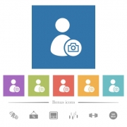 Account profile photo flat white icons in square backgrounds. 6 bonus icons included. - Account profile photo flat white icons in square backgrounds