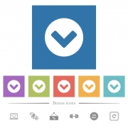 Chevron down flat white icons in square backgrounds. 6 bonus icons included. - Chevron down flat white icons in square backgrounds