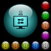 Webcam tweaking icons in color illuminated spherical glass buttons on black background. Can be used to black or dark templates - Webcam tweaking icons in color illuminated glass buttons