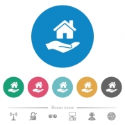 Home insurance flat white icons on round color backgrounds. 6 bonus icons included. - Home insurance flat round icons