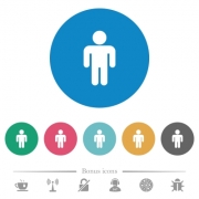 Male sign flat white icons on round color backgrounds. 6 bonus icons included. - Male sign flat round icons