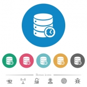 Database timed events flat white icons on round color backgrounds. 6 bonus icons included. - Database timed events flat round icons