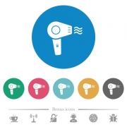 Hairdryer with propeller flat white icons on round color backgrounds. 6 bonus icons included. - Hairdryer with propeller flat round icons