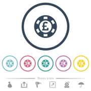 Pound casino chip flat color icons in round outlines. 6 bonus icons included. - Pound casino chip flat color icons in round outlines