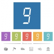 digital number nine of seven segment type flat white icons in square backgrounds. 6 bonus icons included. - digital number nine of seven segment type flat white icons in square backgrounds - Large thumbnail