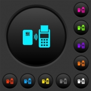 Contactless payment dark push buttons with vivid color icons on dark grey background - Contactless payment dark push buttons with color icons