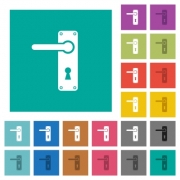 Left handed door handle with screws multi colored flat icons on plain square backgrounds. Included white and darker icon variations for hover or active effects. - Left handed door handle with screws square flat multi colored icons