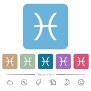 Pisces zodiac symbol white flat icons on color rounded square backgrounds. 6 bonus icons included - Pisces zodiac symbol flat icons on color rounded square backgrounds