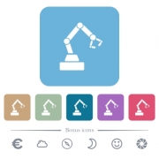 Robot arm white flat icons on color rounded square backgrounds. 6 bonus icons included - Robot arm flat icons on color rounded square backgrounds