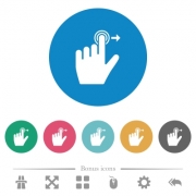 Left handed slide right gesture flat white icons on round color backgrounds. 6 bonus icons included. - Left handed slide right gesture flat round icons