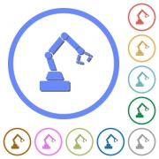 Robot arm flat color vector icons with shadows in round outlines on white background - Robot arm icons with shadows and outlines