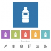 Water bottle with label flat white icons in square backgrounds. 6 bonus icons included. - Water bottle with label flat white icons in square backgrounds