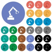 Robot arm multi colored flat icons on round backgrounds. Included white, light and dark icon variations for hover and active status effects, and bonus shades. - Robot arm round flat multi colored icons