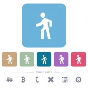 Man walking left white flat icons on color rounded square backgrounds. 6 bonus icons included - Man walking left flat icons on color rounded square backgrounds