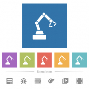 Robot arm flat white icons in square backgrounds. 6 bonus icons included. - Robot arm flat white icons in square backgrounds
