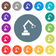 Robot arm flat white icons on round color backgrounds. 17 background color variations are included. - Robot arm flat white icons on round color backgrounds