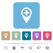 Add new GPS map location white flat icons on color rounded square backgrounds. 6 bonus icons included - Add new GPS map location flat icons on color rounded square backgrounds