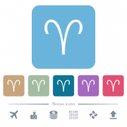 Aries zodiac symbol white flat icons on color rounded square backgrounds. 6 bonus icons included - Aries zodiac symbol flat icons on color rounded square backgrounds