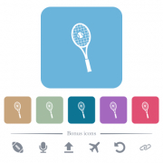 Tennis racket with ball white flat icons on color rounded square backgrounds. 6 bonus icons included - Tennis racket with ball flat icons on color rounded square backgrounds