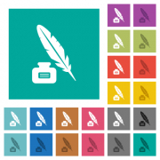 Feather and ink bottle with label multi colored flat icons on plain square backgrounds. Included white and darker icon variations for hover or active effects. - Feather and ink bottle with label square flat multi colored icons - Large thumbnail