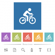 Bicycle with rider flat white icons in square backgrounds. 6 bonus icons included. - Bicycle with rider flat white icons in square backgrounds - Large thumbnail