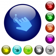 Right handed slide up gesture icons on round glass buttons in multiple colors. Arranged layer structure - Right handed slide up gesture color glass buttons