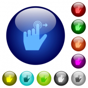 Left handed slide right gesture icons on round glass buttons in multiple colors. Arranged layer structure - Left handed slide right gesture color glass buttons