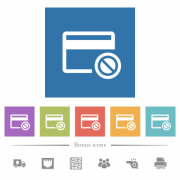 Credit card disabled flat white icons in square backgrounds. 6 bonus icons included. - Credit card disabled flat white icons in square backgrounds