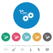 Oiler can and gears flat white icons on round color backgrounds. 6 bonus icons included. - Oiler can and gears flat round icons