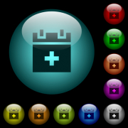 Add new schedule item icons in color illuminated spherical glass buttons on black background. Can be used to black or dark templates - Add new schedule item icons in color illuminated glass buttons