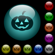 Halloween pumpkin icons in color illuminated spherical glass buttons on black background. Can be used to black or dark templates - Halloween pumpkin icons in color illuminated glass buttons
