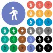 Man walking left multi colored flat icons on round backgrounds. Included white, light and dark icon variations for hover and active status effects, and bonus shades. - Man walking left round flat multi colored icons