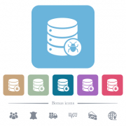 Database bug white flat icons on color rounded square backgrounds. 6 bonus icons included