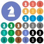 Black chess knight multi colored flat icons on round backgrounds. Included white, light and dark icon variations for hover and active status effects, and bonus shades. - Black chess knight round flat multi colored icons