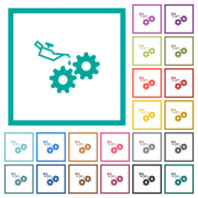 Oiler can and gears flat color icons with quadrant frames on white background - Oiler can and gears flat color icons with quadrant frames