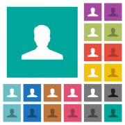 Anonymous avatar multi colored flat icons on plain square backgrounds. Included white and darker icon variations for hover or active effects.