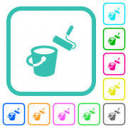 Paint bucket and paint roller vivid colored flat icons in curved borders on white background - Paint bucket and paint roller vivid colored flat icons