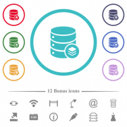 Database layers flat color icons in circle shape outlines. 12 bonus icons included. - Database layers flat color icons in circle shape outlines