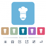 Master chef with mustache white flat icons on color rounded square backgrounds. 6 bonus icons included - Master chef with mustache flat icons on color rounded square backgrounds