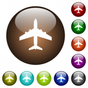 Passenger aircraft white icons on round glass buttons in multiple colors - Passenger aircraft color glass buttons