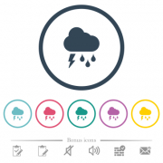 Stormy weather flat color icons in round outlines. 6 bonus icons included. - Stormy weather flat color icons in round outlines