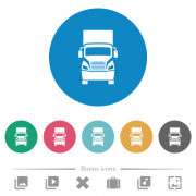Truck front view flat white icons on round color backgrounds. 6 bonus icons included. - Truck front view flat round icons
