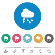 Stormy weather flat white icons on round color backgrounds. 6 bonus icons included. - Stormy weather flat round icons
