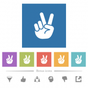 Victory sign hand gesture flat white icons in square backgrounds. 6 bonus icons included. - Victory sign hand gesture flat white icons in square backgrounds