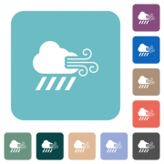 Windy and downpour weather white flat icons on color rounded square backgrounds - Windy and downpour weather rounded square flat icons
