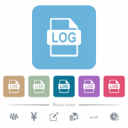 LOG file format white flat icons on color rounded square backgrounds. 6 bonus icons included - LOG file format flat icons on color rounded square backgrounds