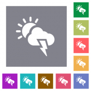 Sunny and stormy weather flat icons on simple color square backgrounds - Sunny and stormy weather square flat icons
