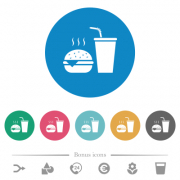 Fast food menu with cheeseburger and drink flat white icons on round color backgrounds. 6 bonus icons included. - Fast food menu with cheeseburger and drink flat round icons