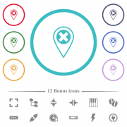 GPS location cancel flat color icons in circle shape outlines. 12 bonus icons included. - GPS location cancel flat color icons in circle shape outlines